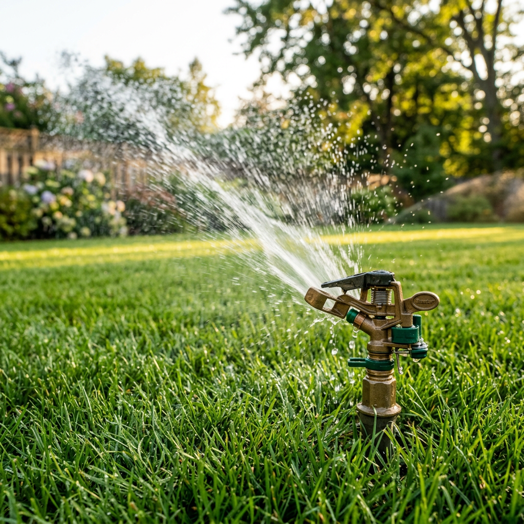 Sprinkler head spraying water on green grass in a sunny garden