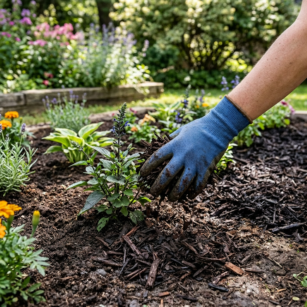 Gloved hand spreading mulch around a small flowering plant in a garden bed